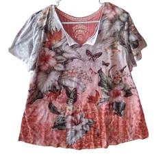 Time and Tru XXL Floral Butterfly Print Lace Trim Short Sleeve Top