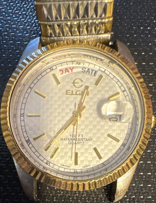 #ad Elgin Men’s Quartz Day Date Analog Gold Tone Bracelet Silver Dial 100ft $20.25