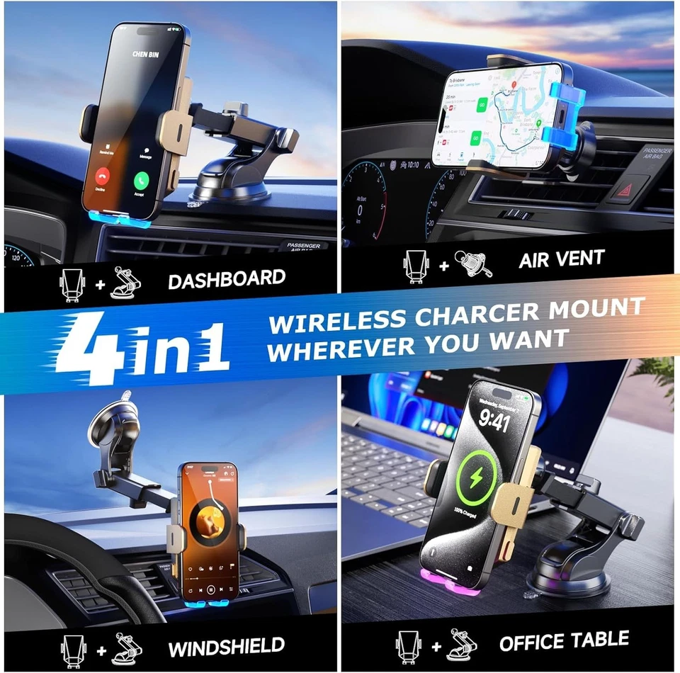 Wireless Car Charger Phone Holder 15W Fast Charging,Dashboard, Windshield, Vent - Image 3 of 4