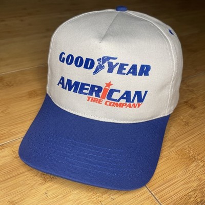 Vintage Goodyear American Tire Company Trucker Snapback Hat Cap Gray Blue CLEAN