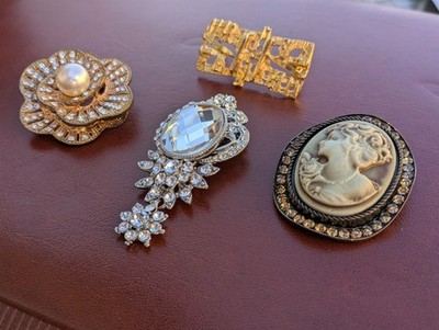 Vintage Brooch Lot 4pc - MCM Gold Tone, Faux Pearl Flower, Cameo & Rhinestone