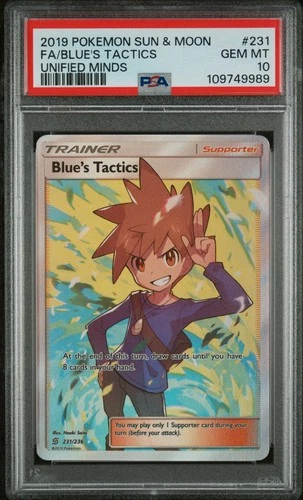 2019 POKEMON SUN & MOON UNIFIED MINDS #231 FULL ART/BLUE'S TACTICS PSA 10