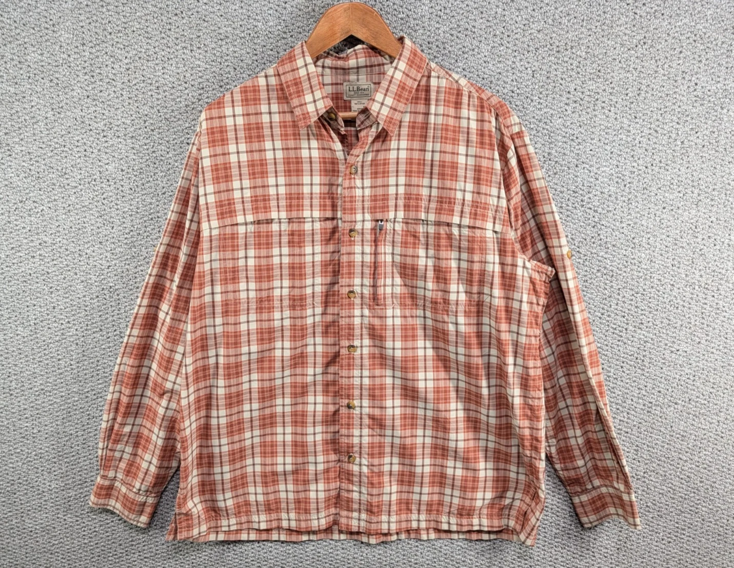 LL BEAN Outdoor Performance Rusty Orange Plaid Tartan Hiking Button Shirt L