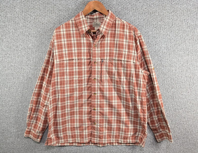 LL BEAN Outdoor Performance Rusty Orange Plaid Tartan Hiking Button Shirt L