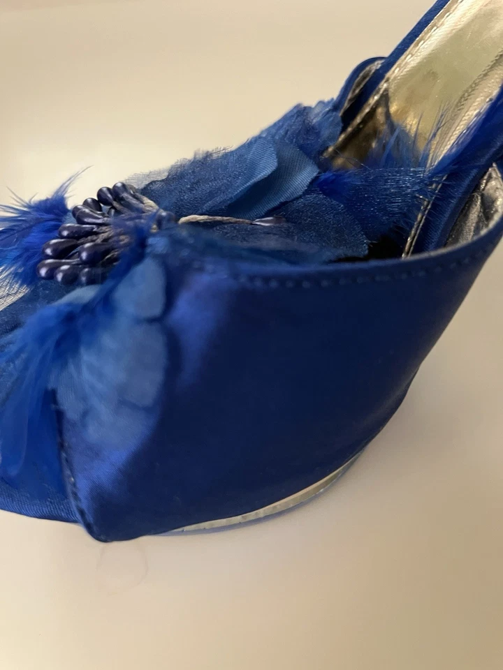 Tacones de aguja - Tacón alto Mule’s, tacones de 5”, pedrería azul real y plumas talla 37 Foto 4 de 4