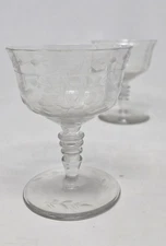 Pair Etched Crystal Sherbet Glasses Wine Dessert Cocktail Coupes Vintage