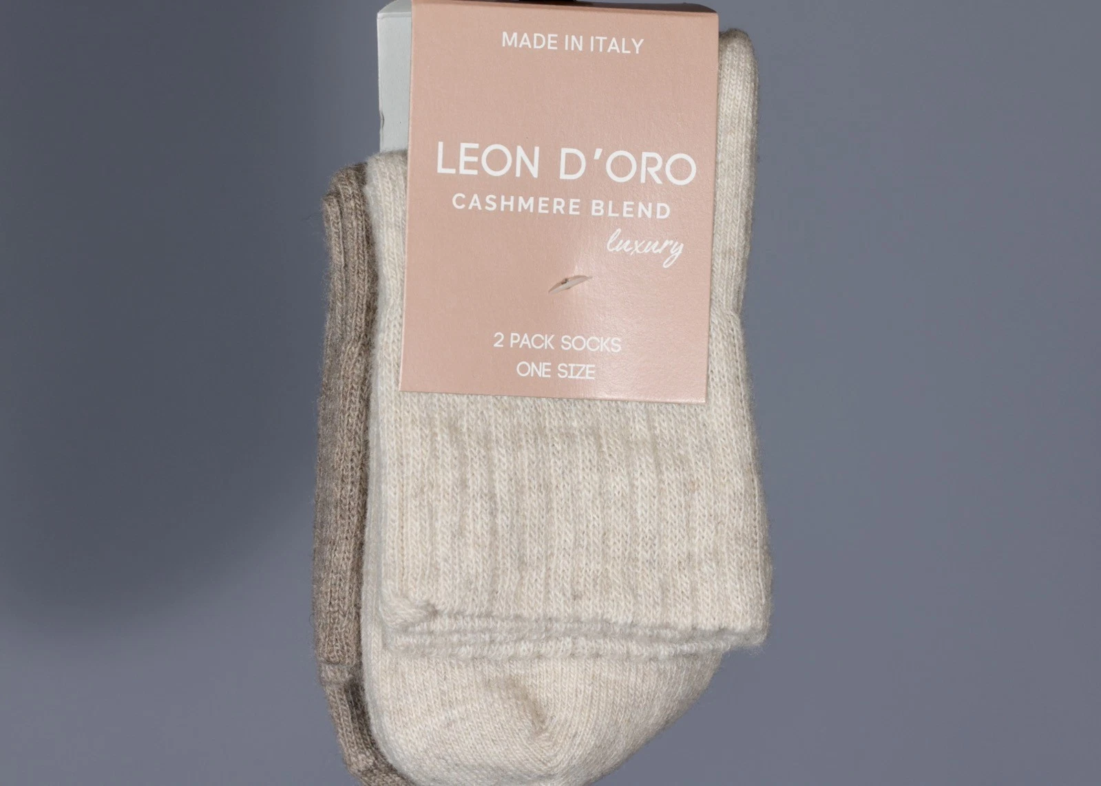 2 Pack LEON D'ORO BEIGE & BROWN Cashmere Blend Luxury Socks One Size