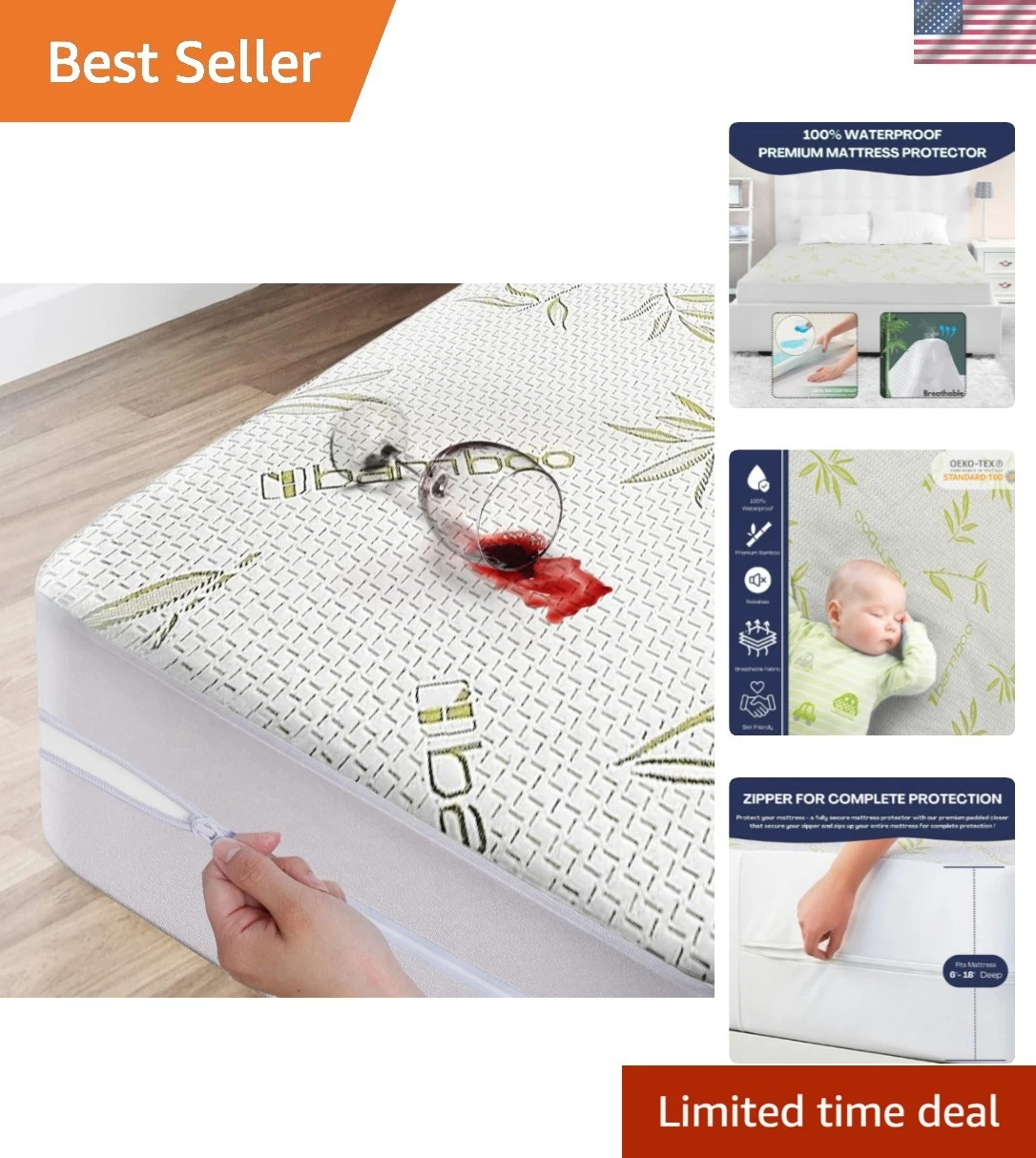 Bamboo Mattress Protector with Zipper - 100% Waterproof Queen Size Cooling Ma...