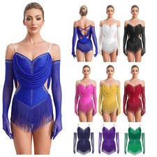 Women's Latin Gymnastic Tassels Leotard Dance Dress Fringed Bodysuit Costume