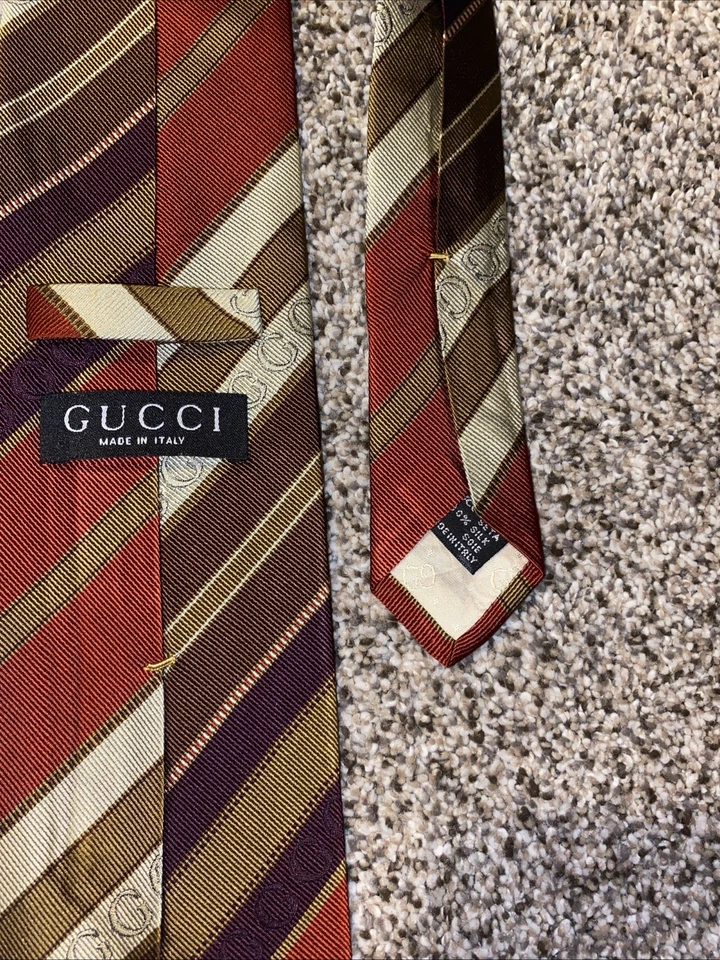 Rare Vintage Gucci Necktie Designer Stripe Logo Orange Gold White 100% Silk - Image 3 of 3