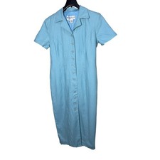 Maxelle Collection Blue 100% Linen Button Front Midi Dress Womens 6