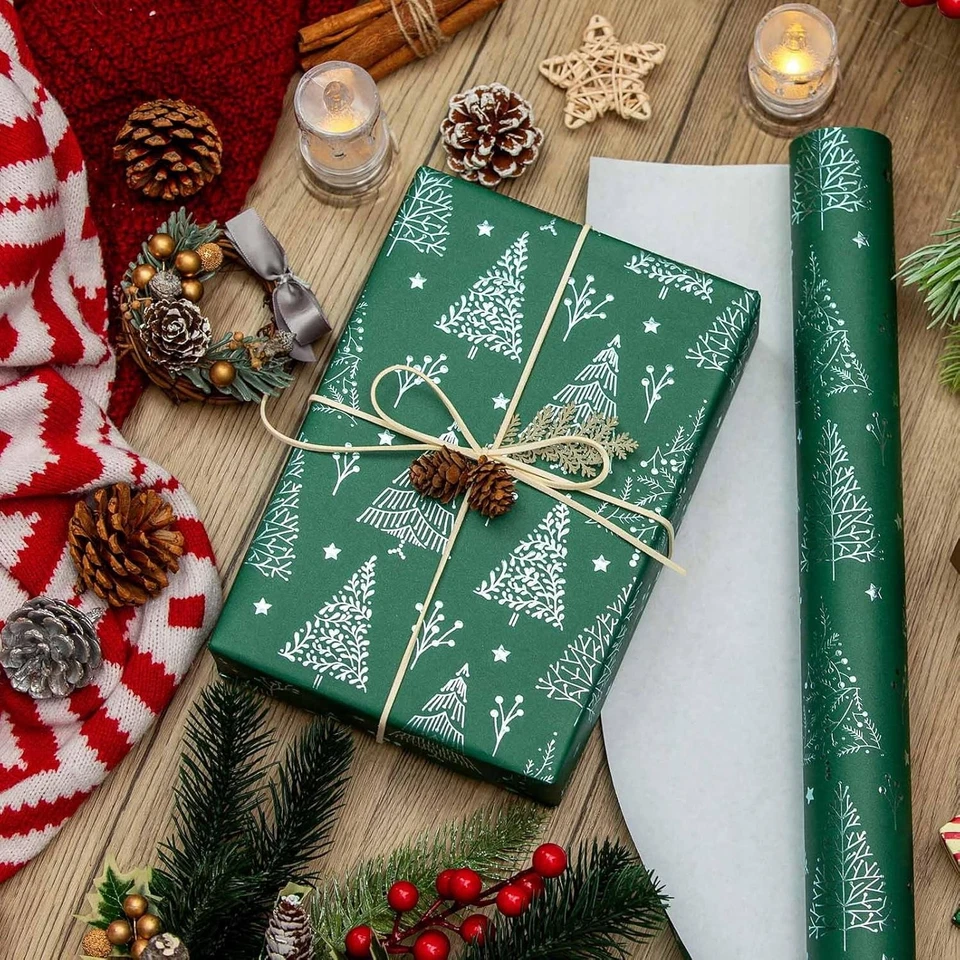 Green Christmas Tree Wrapping Paper Roll Metallic Design 17x33 Ft Holiday Gift - Image 4 of 4