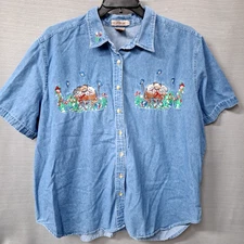 Just My Size Short Sleeve Button Down Denim Shirt Embroidered Cats Size 22/ 24