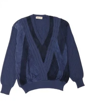 ANDREA CELLI Mens V-Neck Jumper Sweater Large Navy Blue Virgin Wool CK07