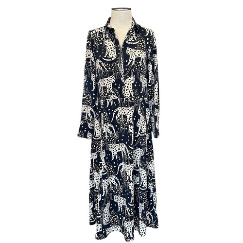 Monki Black Cat Print Shirt Maxi Dress Long Sleeve Tiered Sz XXS Eclectic Artsy