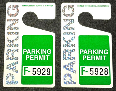 2-DAY SALE/ PARKING PERMIT  BUY 1 GET 1 FREE  REPLACEMENT HANG TAG PLASTIC GREEN