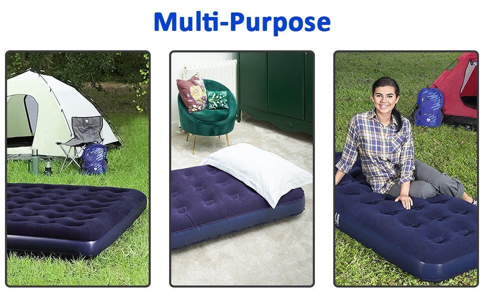 Double Air Mattress With Pump - Flocked Top Inflatable Bed For Camping, Guests, Indoor & Outdoor Use
