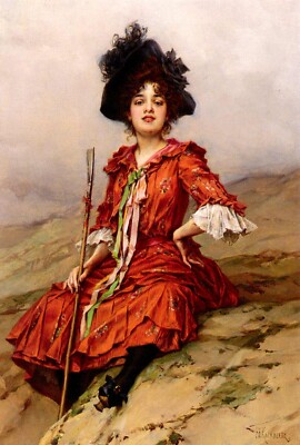 Oil painting girl beauty lady woman in red By-Sea-Frederick-Hendrik-Kaemmerer