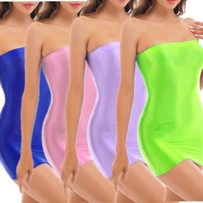DE Damen Minikleid Öl Bleistiftkleid Bodycon Tube Top Kleid Glänzend Kleider