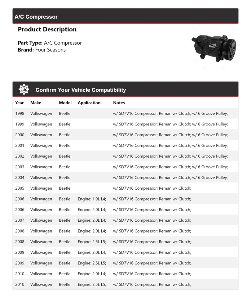 Compresor de aire acondicionado para Volkswagen Beetle 1998-2010 4 estaciones 1999 2000 2001 2002 Foto 2 de 4