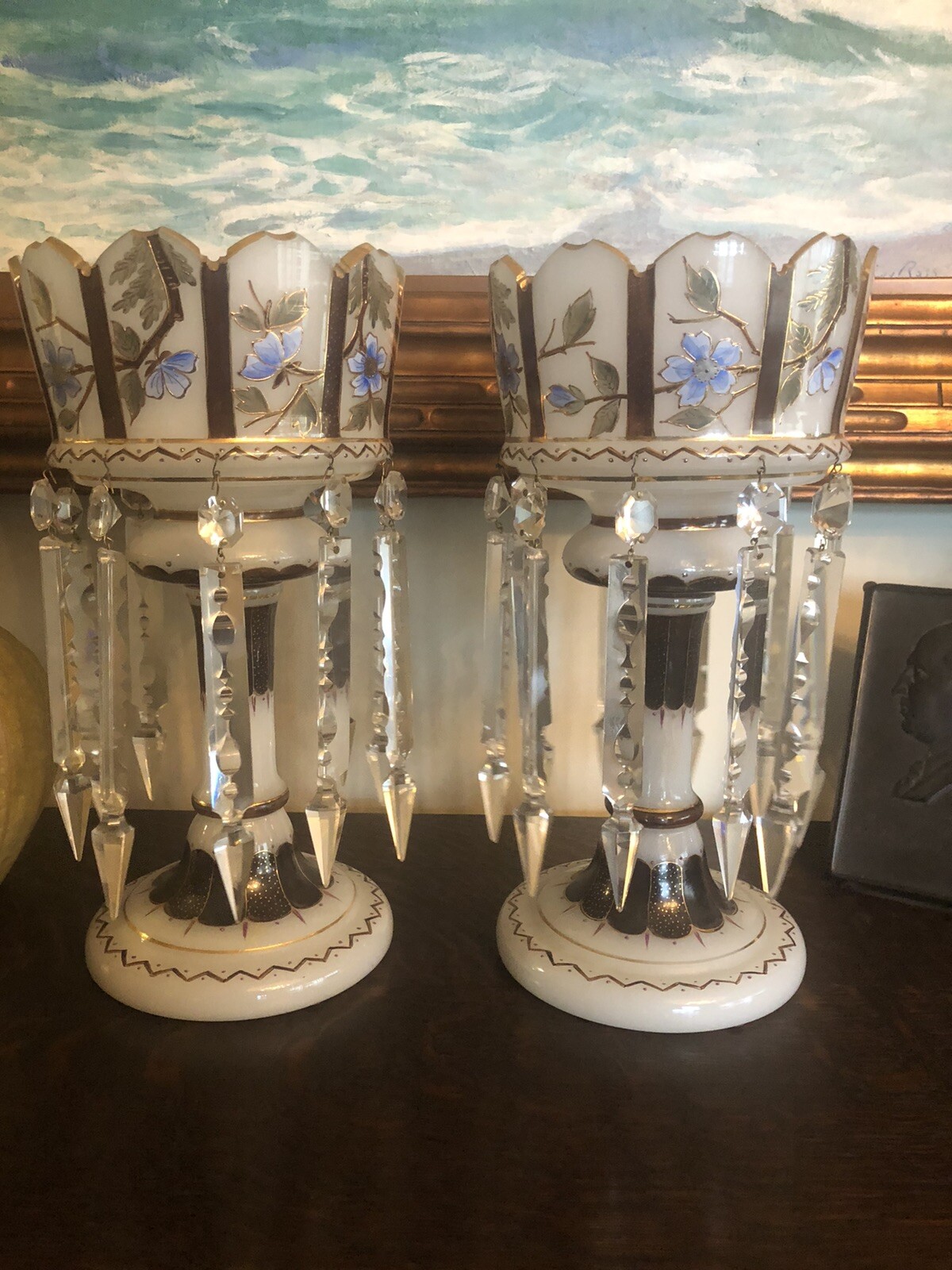 Extraordinary Pair 14.5” Victorian Mantle Lusters Lustres 10 Prism Hand