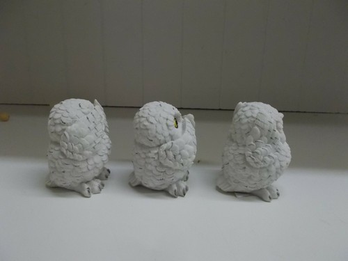 PDX-31 3 SEE HEAR SPEAK NO EVIL OWL WHITE STATUE FIGURINE DECORATION SNOW - Picture 4 of 4