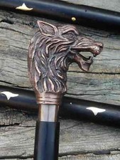 Walking Stick Wolf Head Antique Brass Handle Wooden Cane Vintage Decor