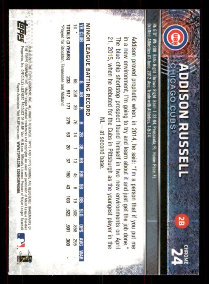 2015 Topps Chrome #24 Addison Russell RC - Image 2 of 2