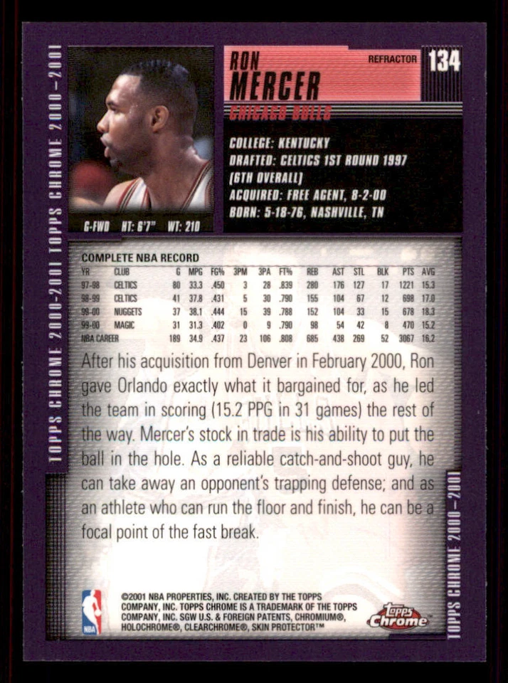 2000-01 Topps Chrome Refractors #134 Ron Mercer - Image 2 of 2