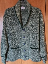 Men's Vintage 1960's Capus shawl collar, Acyylic Cardigan XL, Green & White