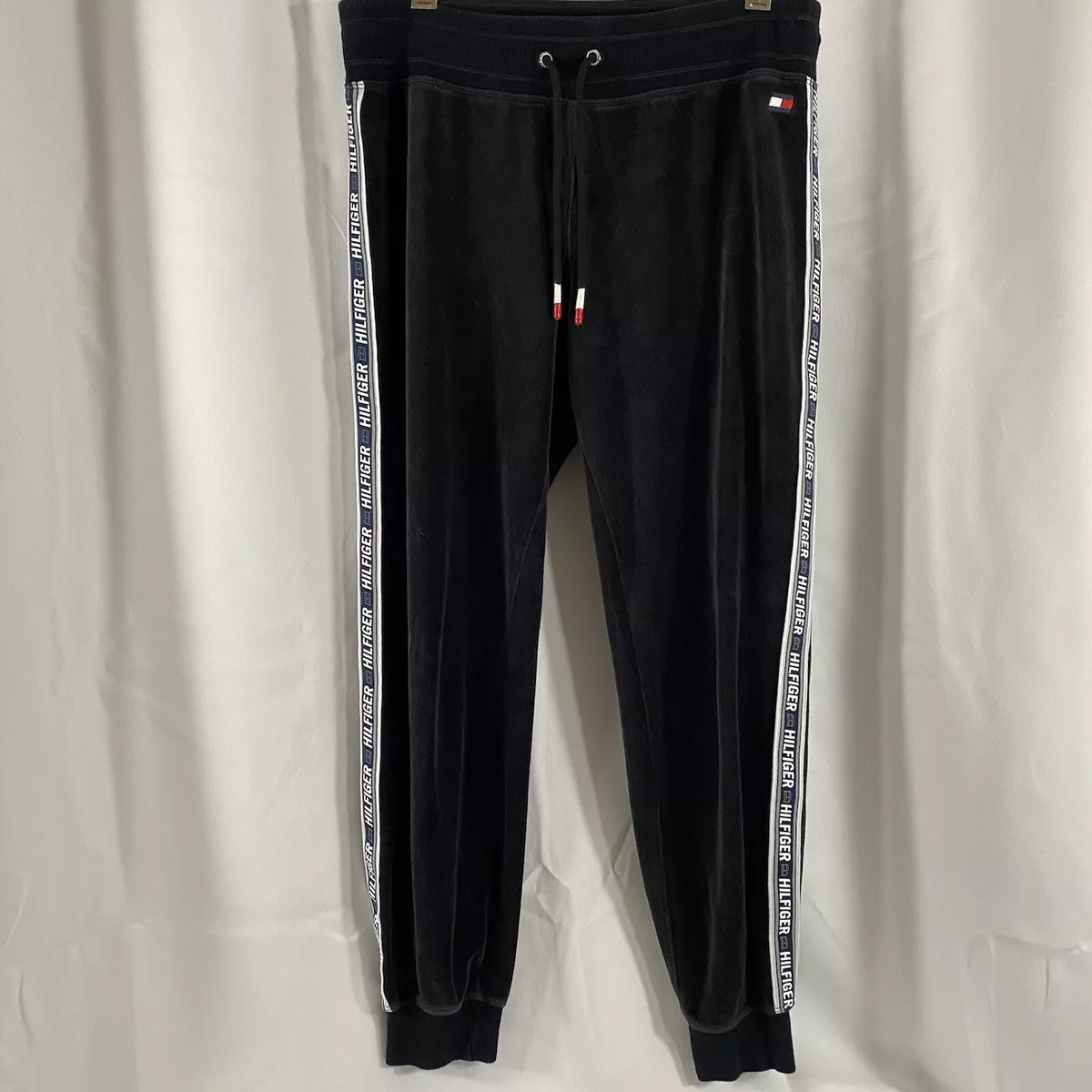 Tommy Hilfiger Sport Womens M Black Velour Jogger Sweat Pants Side Stripe