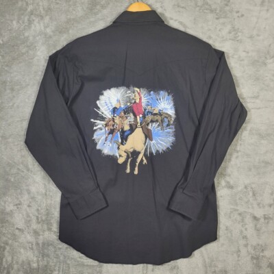Vtg Wrangler Western Shirt L 16.5/35 X-Long Tail Bull Horse Riding Rough Stock