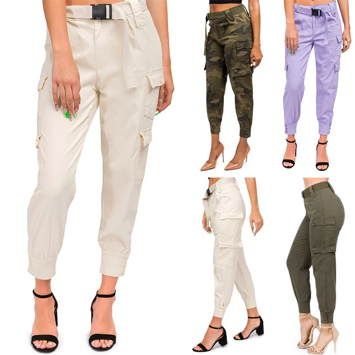 American Bazi Women's Casual High Waist Cargo Pocket Pants With Belt RJH3808