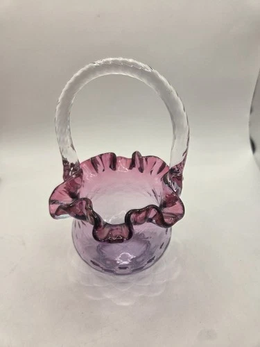 Fenton Art Glass Mulberry COIN DOT Basket 8 1/2" Diamond Optic Handle