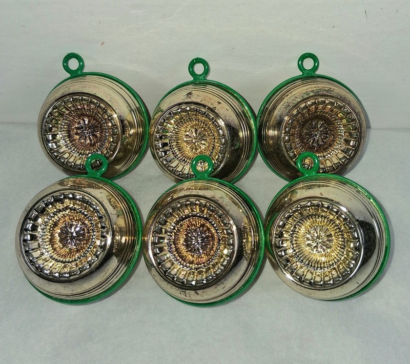 RARE 6 Vintage Celluloid Plastic Christmas Single Indent Ornaments