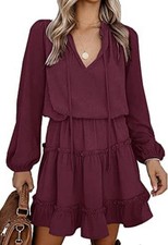 BTFBM Women's V Neck Tie Neck Long Sleeve High Waist Dress Red Size S