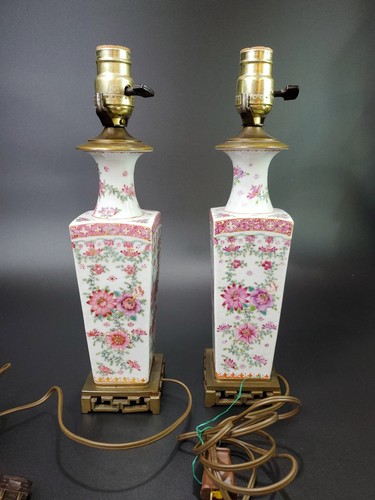 Paar antike chinesische Vasen Lampen Export Canton Famille Rose Porzellan spät Qing  - Bild 4 von 15