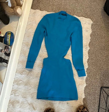 Noughts & Kisses Blue Ribbed Knit Bodycon Dress High Neck Cut Out Long Sleeve L