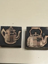 LOT 2 Small Wood Printers Block Vintage Tea Pots Kettles 