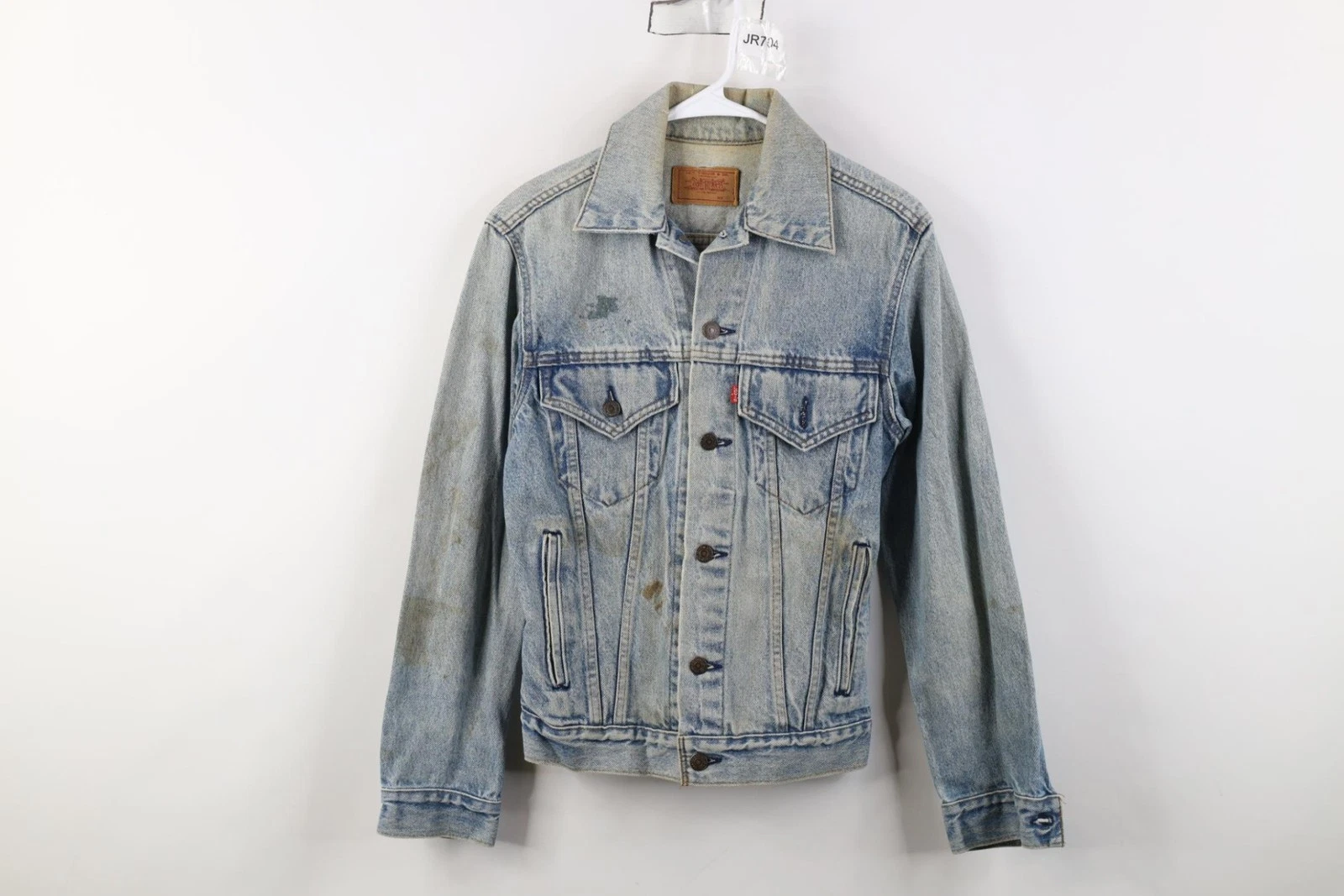 Vintage 80s Levis Mens 34R Thrashed Type III Denim Jean Trucker Jacket Blue USA
