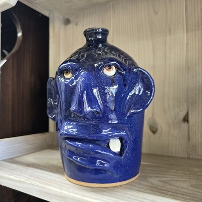 Cobalt One Tooth Face Jug Folk Pottery by Billy Joe Craven | 10'' x 7''