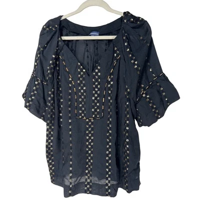 Democracy Womens 1X Black Gold Sequin Embroidered Ruffle Sleeve V-Neck Blouse - Image 1 of 4