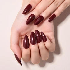 evpct Cherry Red Glossy Press on Nails Almond Medium, Glossy Dark Red Fake Na...