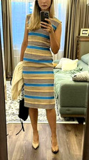 Dolce & Gabbana SS2013 Blue Stripes Print Flax Canvas Pencil Dress IT40