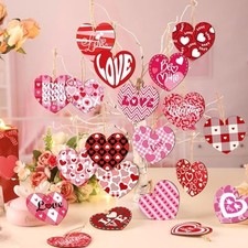 20Pcs Valentine's Hanging Wooden Ornaments Set - Valentine Red Decorations,Red