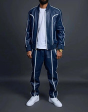 Men Lambskin Leather Track Suit Sweatsuit Navy Jogging Tracksuit
