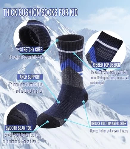  Calcetines de senderismo de lana merino para niños niños niñas niños pequeños 8-12 años color de empalme Foto 3 de 4