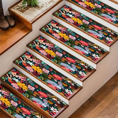2D Flat Floral Wilderness Printed Stair Treads, Machine Washable And Easy to C