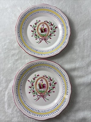 St Clement France Rooster Dinner Plates Set of 2 Faience Hand Painted Vintage