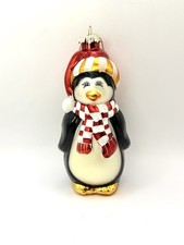 Large Penguin Santa Hand-Painted Glass Christmas Ornament 6  